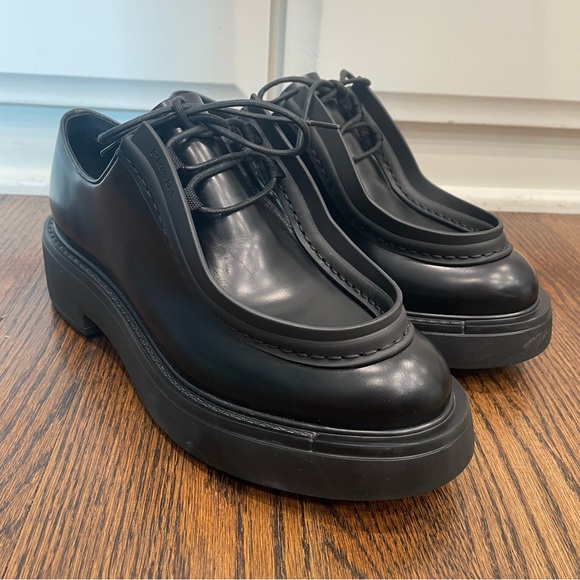 PRADA Diapason Black Opaque Brushed Leather Lace-Up Loafers - Picture 1 of 14